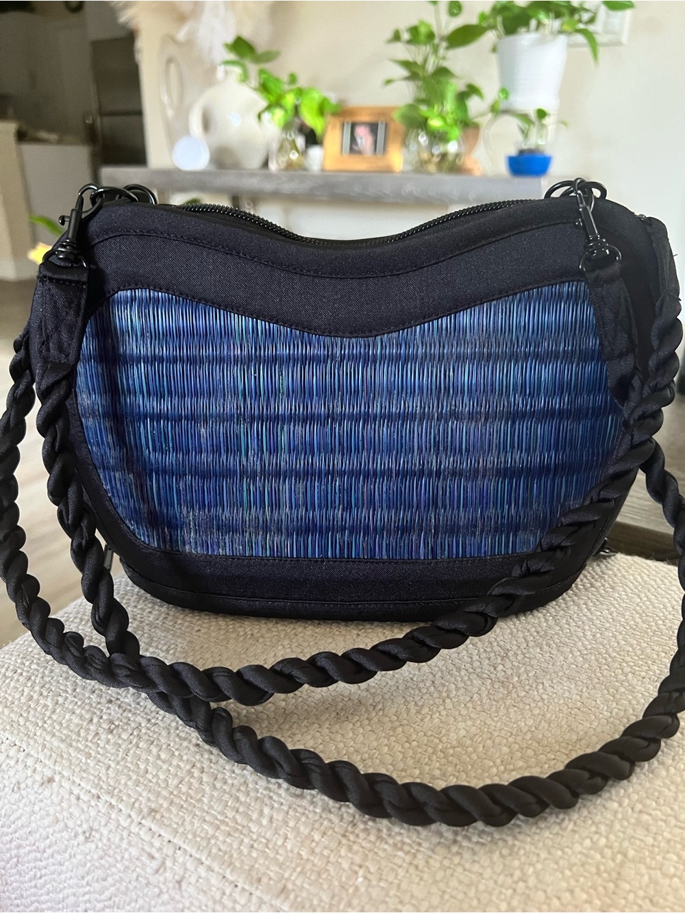 Straw handmade woven Blue Shoulder Bag with Braided Strap